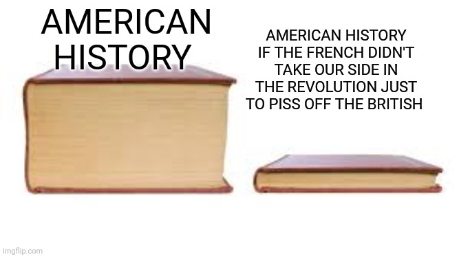 Big book small book | AMERICAN HISTORY IF THE FRENCH DIDN'T TAKE OUR SIDE IN THE REVOLUTION JUST TO PISS OFF THE BRITISH; AMERICAN HISTORY | image tagged in big book small book,memes | made w/ Imgflip meme maker