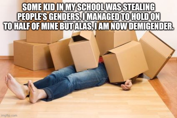 He/she/they/xe stole them all. | SOME KID IN MY SCHOOL WAS STEALING PEOPLE’S GENDERS. I MANAGED TO HOLD ON TO HALF OF MINE BUT ALAS, I AM NOW DEMIGENDER. | image tagged in your friend needs help moving,lgbt | made w/ Imgflip meme maker