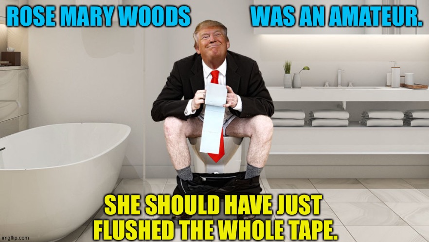 Trump on his throne | ROSE MARY WOODS              WAS AN AMATEUR. SHE SHOULD HAVE JUST 
FLUSHED THE WHOLE TAPE. | image tagged in trump toilet | made w/ Imgflip meme maker