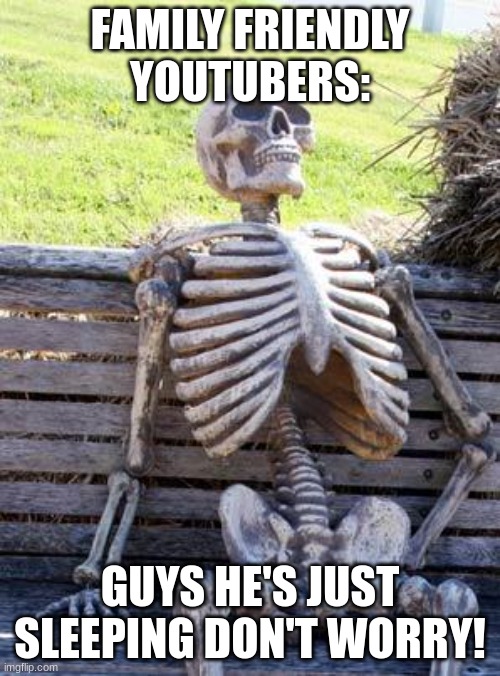 He is just hibernating guys | FAMILY FRIENDLY YOUTUBERS:; GUYS HE'S JUST SLEEPING DON'T WORRY! | image tagged in memes,waiting skeleton | made w/ Imgflip meme maker