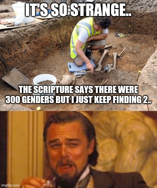 IT'S SO STRANGE.. THE SCRIPTURE SAYS THERE WERE 300 GENDERS BUT I JUST KEEP FINDING 2.. | image tagged in remains archeological dig,memes,laughing leo | made w/ Imgflip meme maker