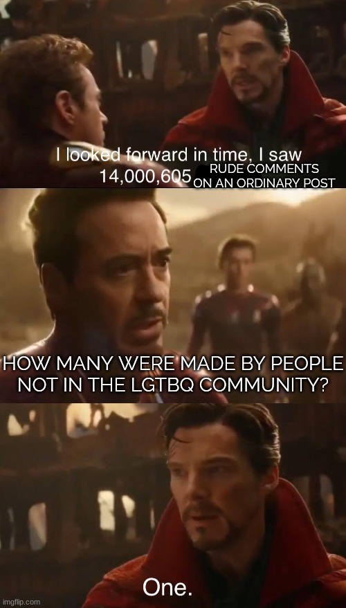 making content allows toxic gays into your lungs, dont vape! | RUDE COMMENTS ON AN ORDINARY POST; HOW MANY WERE MADE BY PEOPLE NOT IN THE LGTBQ COMMUNITY? | image tagged in dr strange s futures | made w/ Imgflip meme maker