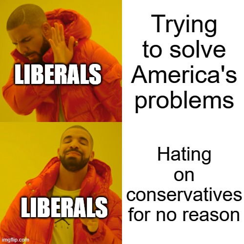 How Liberals want to fix America: | Trying to solve America's problems; LIBERALS; Hating on conservatives for no reason; LIBERALS | image tagged in memes,drake hotline bling,liberal hypocrisy | made w/ Imgflip meme maker