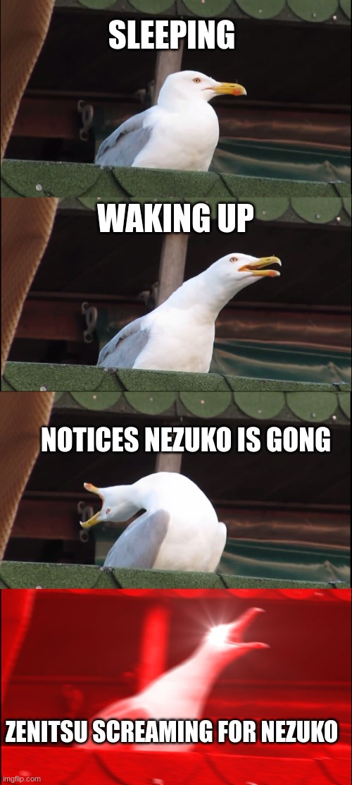 neziko chan | SLEEPING; WAKING UP; NOTICES NEZUKO IS GONG; ZENITSU SCREAMING FOR NEZUKO | image tagged in memes,inhaling seagull | made w/ Imgflip meme maker