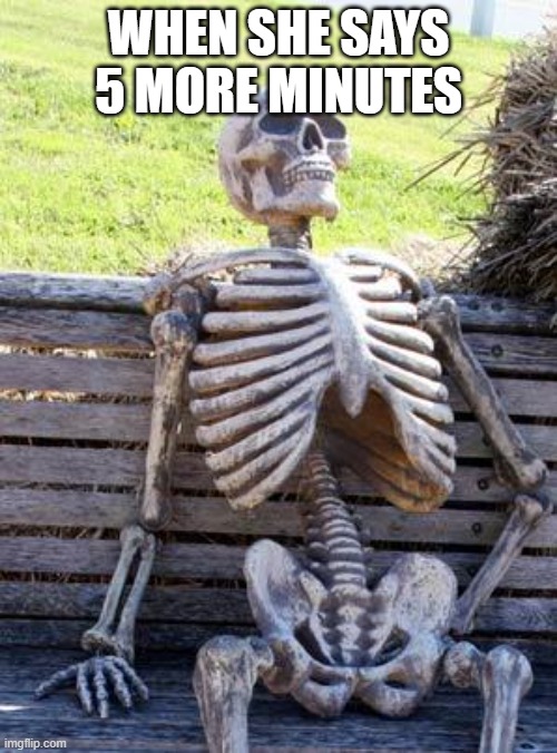 Waiting Skeleton Meme | WHEN SHE SAYS 5 MORE MINUTES | image tagged in memes,waiting skeleton | made w/ Imgflip meme maker