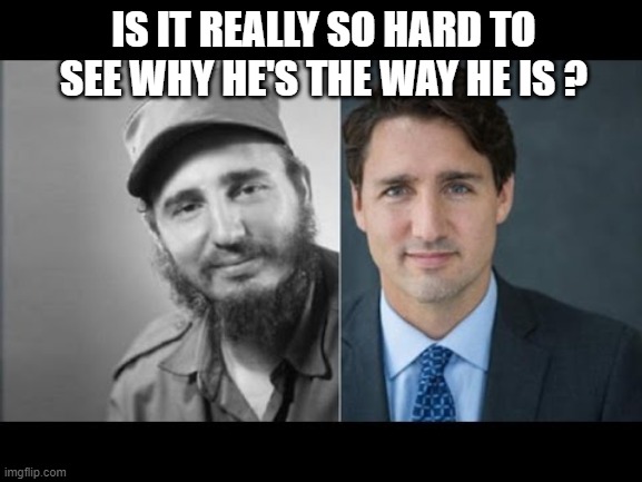 Trudeau/Castro | IS IT REALLY SO HARD TO SEE WHY HE'S THE WAY HE IS ? | image tagged in trudeau/castro | made w/ Imgflip meme maker