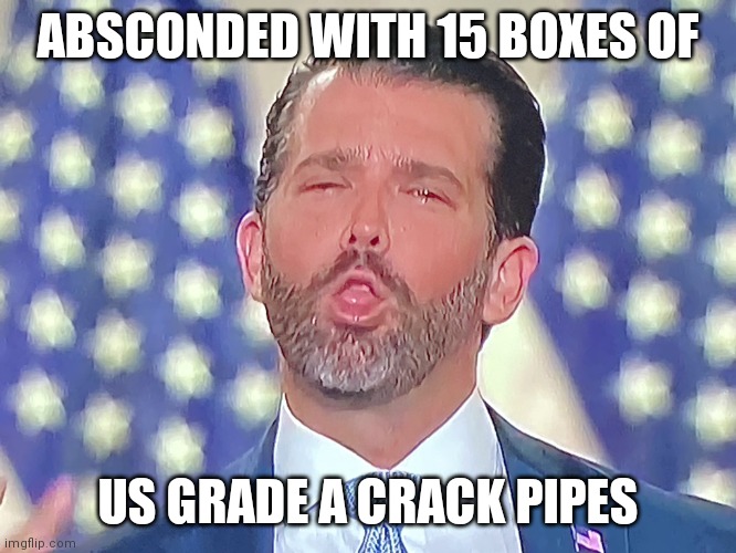 Smug druggler | ABSCONDED WITH 15 BOXES OF; US GRADE A CRACK PIPES | image tagged in don jr cocaine | made w/ Imgflip meme maker