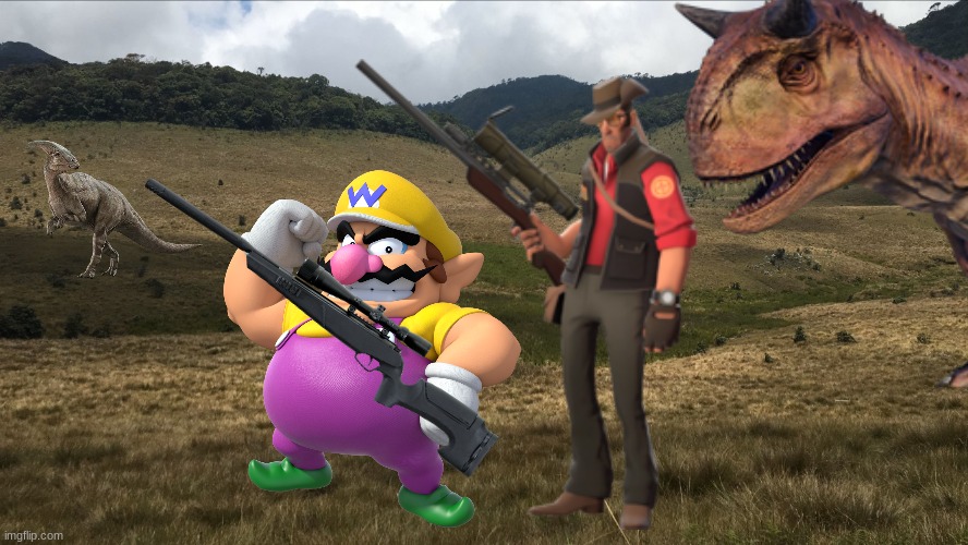 Wario and Sniper dies by a carnotaurus while hunting a lonely parasaurolophus | image tagged in wario dies,wario,tf2,jurassic park,jurassic world,dinosaur | made w/ Imgflip meme maker