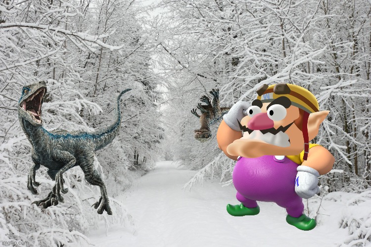 Wario tries to capture Blue's baby and dies by Blue | image tagged in snowy forest,wario dies,wario,jurassic park,jurassic world,dinosaur | made w/ Imgflip meme maker