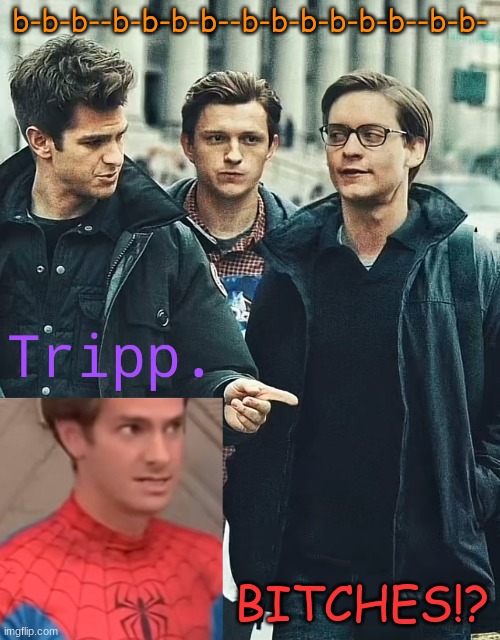 ?!?!? | b-b-b--b-b-b-b--b-b-b-b-b-b--b-b-; BITCHES!? | image tagged in tripp spooderman | made w/ Imgflip meme maker