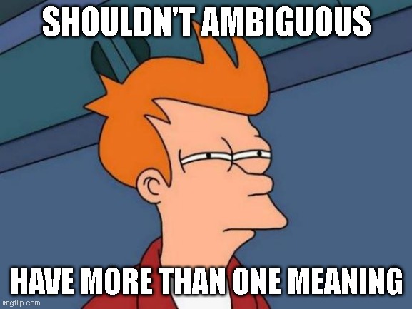 huh? | SHOULDN'T AMBIGUOUS; HAVE MORE THAN ONE MEANING | image tagged in memes,futurama fry,fun | made w/ Imgflip meme maker