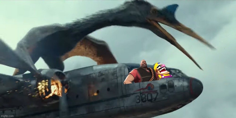 Wario and Heavy dies in a plane crash after being attacked by a Quetzacoatlus | image tagged in quetzacoatlus,wario dies,wario,jurassic park,jurassic world,dinosaur | made w/ Imgflip meme maker