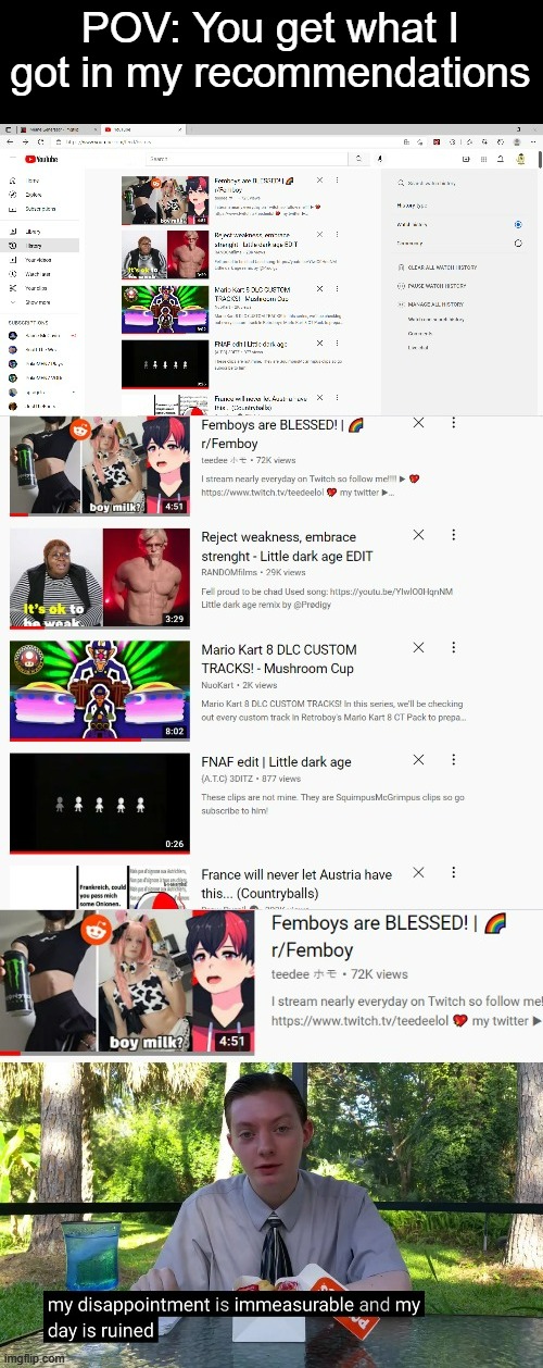 Do I even have to say anything | POV: You get what I got in my recommendations | image tagged in my dissapointment is immeasurable and my day is ruined,manly,femboy,w h y | made w/ Imgflip meme maker