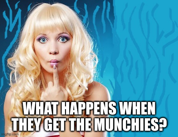 ditzy blonde | WHAT HAPPENS WHEN THEY GET THE MUNCHIES? | image tagged in ditzy blonde | made w/ Imgflip meme maker