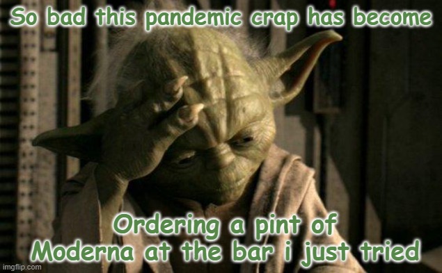 At least I was close... | So bad this pandemic crap has become; Ordering a pint of Moderna at the bar i just tried | image tagged in yoda facepalm,beer,modelo,memes,pandemic | made w/ Imgflip meme maker