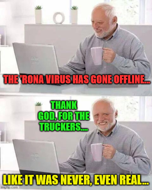 Hide the Pain Harold | THE 'RONA VIRUS HAS GONE OFFLINE... THANK GOD, FOR THE TRUCKERS.... LIKE IT WAS NEVER, EVEN REAL... | image tagged in memes,hide the pain harold | made w/ Imgflip meme maker