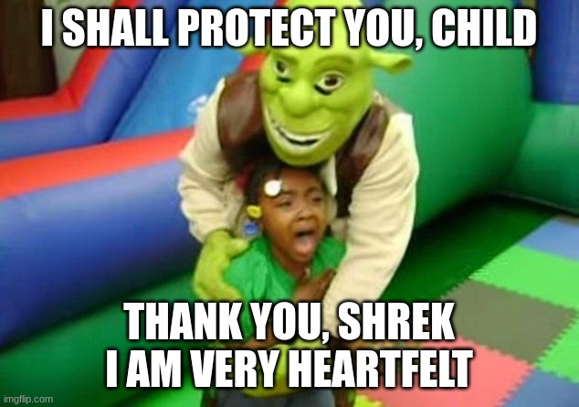 I SHALL PROTECT YOU, CHILD; THANK YOU, SHREK
I AM VERY HEARTFELT | image tagged in shrek | made w/ Imgflip meme maker