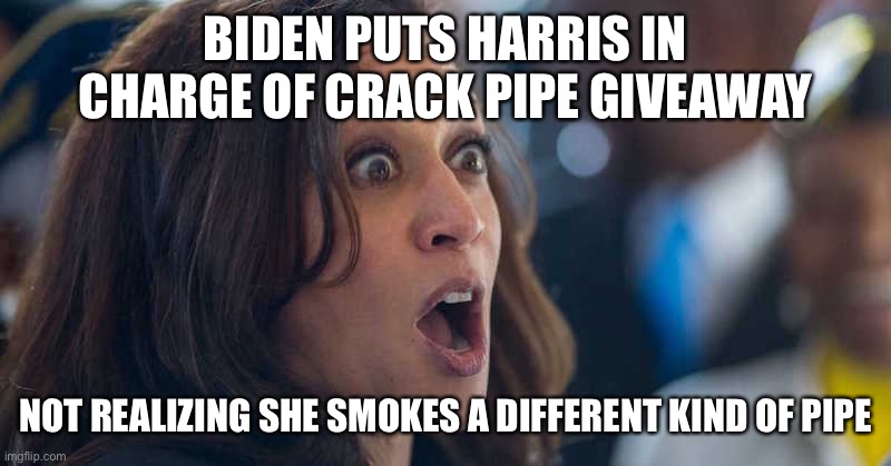 Know what I mean, nudge nudge? | BIDEN PUTS HARRIS IN CHARGE OF CRACK PIPE GIVEAWAY; NOT REALIZING SHE SMOKES A DIFFERENT KIND OF PIPE | image tagged in kamala harriss,funny memes,politics,joe biden,butt crack,liberal hypocrisy | made w/ Imgflip meme maker