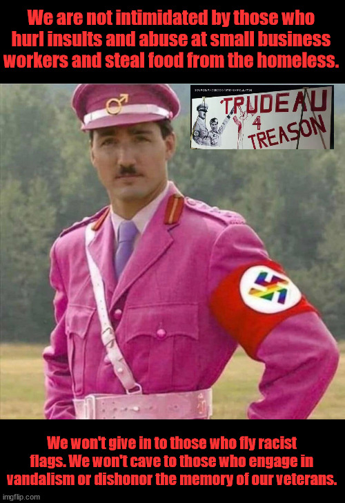 Petty Dictator Justin | We are not intimidated by those who hurl insults and abuse at small business workers and steal food from the homeless. We won't give in to those who fly racist flags. We won't cave to those who engage in vandalism or dishonor the memory of our veterans. | image tagged in justin trudeau | made w/ Imgflip meme maker