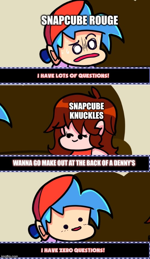 sa2 snapcube ending be like: | SNAPCUBE ROUGE; SNAPCUBE KNUCKLES; WANNA GO MAKE OUT AT THE BACK OF A DENNY'S | image tagged in i have lots of questions | made w/ Imgflip meme maker