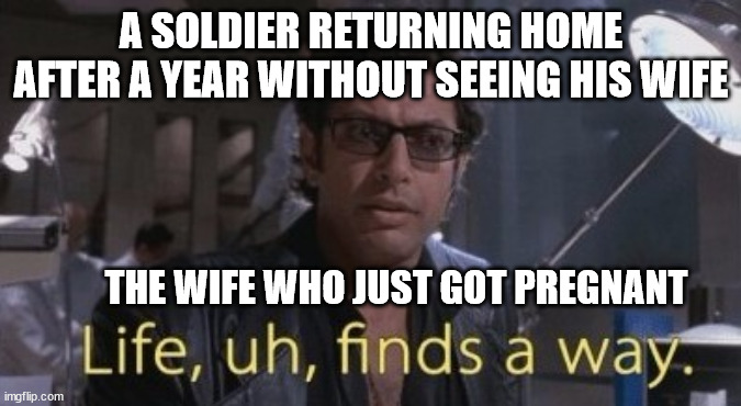 Life finds a way | A SOLDIER RETURNING HOME AFTER A YEAR WITHOUT SEEING HIS WIFE; THE WIFE WHO JUST GOT PREGNANT | image tagged in life finds a way | made w/ Imgflip meme maker