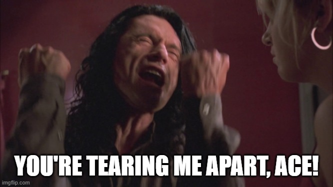 The Room Tommy Wiseau You're Tearing Me Apart | YOU'RE TEARING ME APART, ACE! | image tagged in the room tommy wiseau you're tearing me apart | made w/ Imgflip meme maker