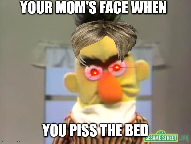 #yourdied | YOUR MOM'S FACE WHEN; YOU PISS THE BED | image tagged in sesame street - angry bert | made w/ Imgflip meme maker