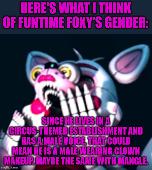 :O (fnaf sl) | HERE'S WHAT I THINK OF FUNTIME FOXY'S GENDER:; SINCE HE LIVES IN A CIRCUS-THEMED ESTABLISHMENT AND HAS A MALE VOICE, THAT COULD MEAN HE IS A MALE WEARING CLOWN MAKEUP. MAYBE THE SAME WITH MANGLE. | image tagged in o fnaf sl | made w/ Imgflip meme maker