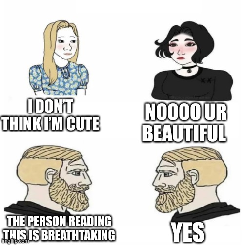 Y e s | I DON’T THINK I’M CUTE; NOOOO UR BEAUTIFUL; THE PERSON READING THIS IS BREATHTAKING; YES | image tagged in nordic gamer trad doomer girl,wholesome | made w/ Imgflip meme maker