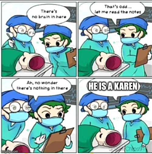 There's no brain here | HE IS A KAREN | image tagged in there's no brain here | made w/ Imgflip meme maker