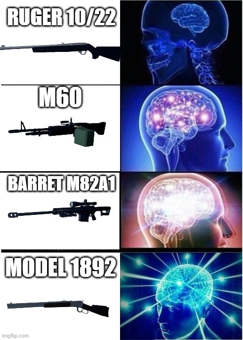 those who remain guns | RUGER 10/22; M60; BARRET M82A1; MODEL 1892 | image tagged in memes,expanding brain | made w/ Imgflip meme maker