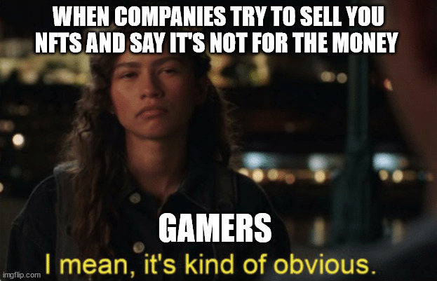 I Mean It's Kind Of Obvious | WHEN COMPANIES TRY TO SELL YOU NFTS AND SAY IT'S NOT FOR THE MONEY; GAMERS | image tagged in i mean it's kind of obvious | made w/ Imgflip meme maker