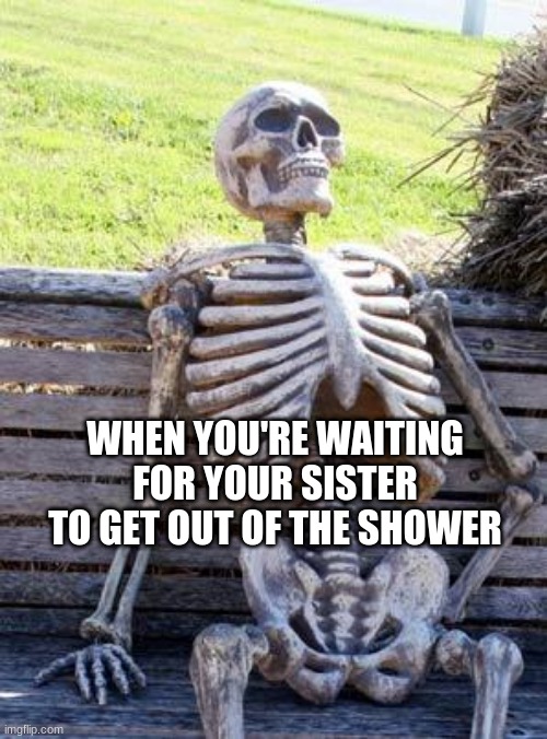 Waiting Skeleton | WHEN YOU'RE WAITING FOR YOUR SISTER TO GET OUT OF THE SHOWER | image tagged in memes,waiting skeleton | made w/ Imgflip meme maker