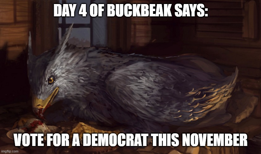 Buckbeak | DAY 4 OF BUCKBEAK SAYS:; VOTE FOR A DEMOCRAT THIS NOVEMBER | image tagged in buckbeak | made w/ Imgflip meme maker