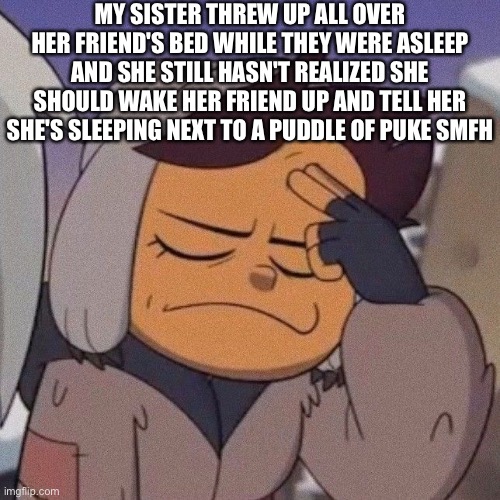 i was already up bc i was practicing pvp in minecraft | MY SISTER THREW UP ALL OVER HER FRIEND'S BED WHILE THEY WERE ASLEEP AND SHE STILL HASN'T REALIZED SHE SHOULD WAKE HER FRIEND UP AND TELL HER SHE'S SLEEPING NEXT TO A PUDDLE OF PUKE SMFH | image tagged in luz | made w/ Imgflip meme maker