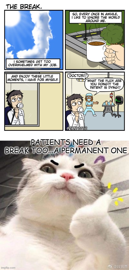 "/ | PATIENTS NEED A BREAK TOO...A PERMANENT ONE | image tagged in cat approved,memes,funny,not memes,msmg,comics | made w/ Imgflip meme maker