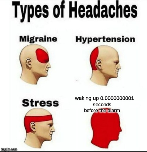 Types of Headaches meme | waking up 0.0000000001; seconds before the alarm | image tagged in types of headaches meme | made w/ Imgflip meme maker