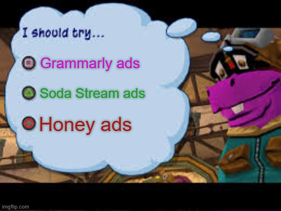 YouTube's Advertisement Algorithm in a Nutshell | Grammarly ads; Soda Stream ads; Honey ads | image tagged in sly cooper 3,youtube ads,grammarly,soda stream,honey,algorithm | made w/ Imgflip meme maker