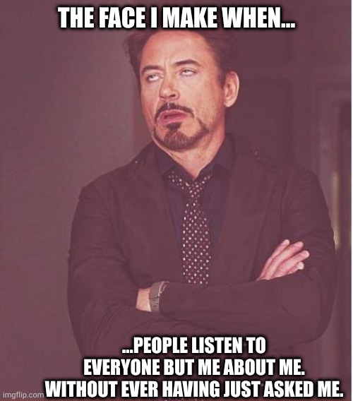 you can't spell meme without me | THE FACE I MAKE WHEN... ...PEOPLE LISTEN TO EVERYONE BUT ME ABOUT ME. WITHOUT EVER HAVING JUST ASKED ME. | image tagged in memes,face you make robert downey jr | made w/ Imgflip meme maker