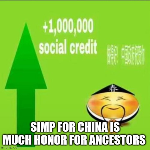 +1000000 social credit | SIMP FOR CHINA IS MUCH HONOR FOR ANCESTORS | image tagged in 1000000 social credit | made w/ Imgflip meme maker