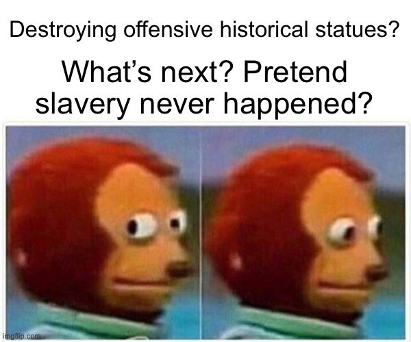 Monkey Puppet | Destroying offensive historical statues? What’s next? Pretend slavery never happened? | image tagged in memes,monkey puppet | made w/ Imgflip meme maker