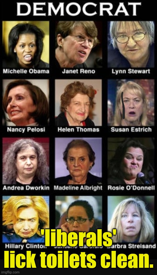 dimocrats be fugly. | 'liberals' lick toilets clean. | image tagged in dimocrats be fugly | made w/ Imgflip meme maker