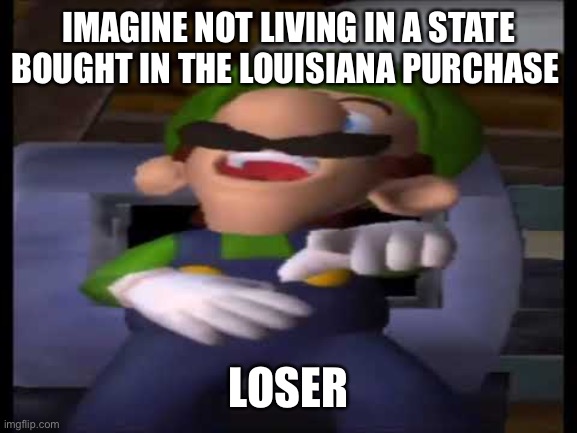 Luigi Laughing | IMAGINE NOT LIVING IN A STATE BOUGHT IN THE LOUISIANA PURCHASE; LOSER | image tagged in luigi laughing | made w/ Imgflip meme maker