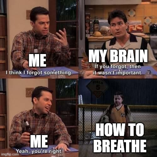IDK HOW | MY BRAIN; ME; HOW TO BREATHE; ME | image tagged in i think i forgot something | made w/ Imgflip meme maker