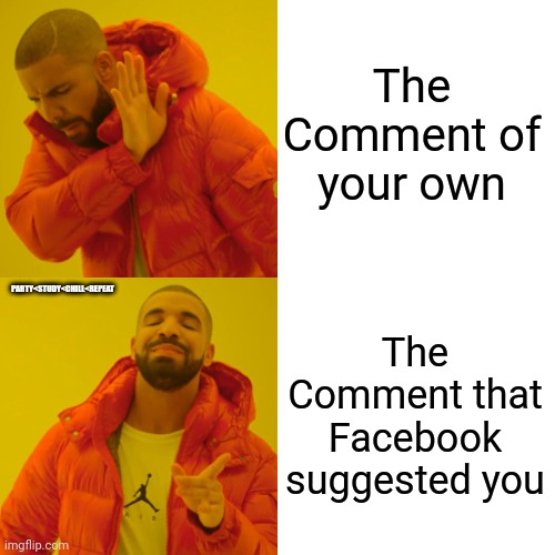 Facebook Fact | The Comment of your own; PARTY<STUDY<CHILL<REPEAT; The Comment that Facebook suggested you | image tagged in memes,drake hotline bling | made w/ Imgflip meme maker
