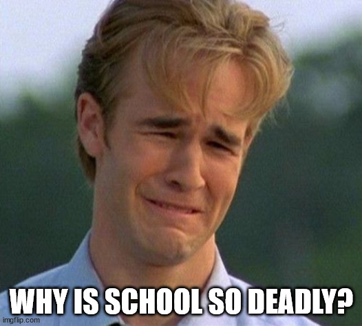 1990s First World Problems Meme | WHY IS SCHOOL SO DEADLY? | image tagged in memes,1990s first world problems | made w/ Imgflip meme maker
