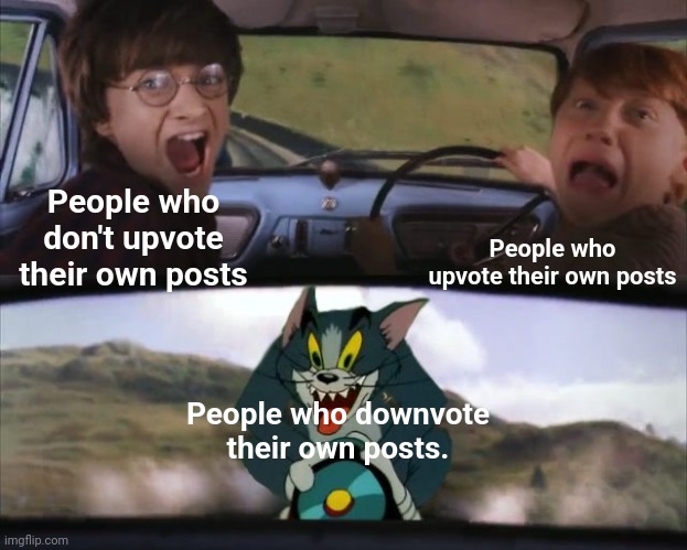 I do this | People who upvote their own posts; People who don't upvote their own posts; People who downvote their own posts. | image tagged in tom chasing harry and ron weasly | made w/ Imgflip meme maker