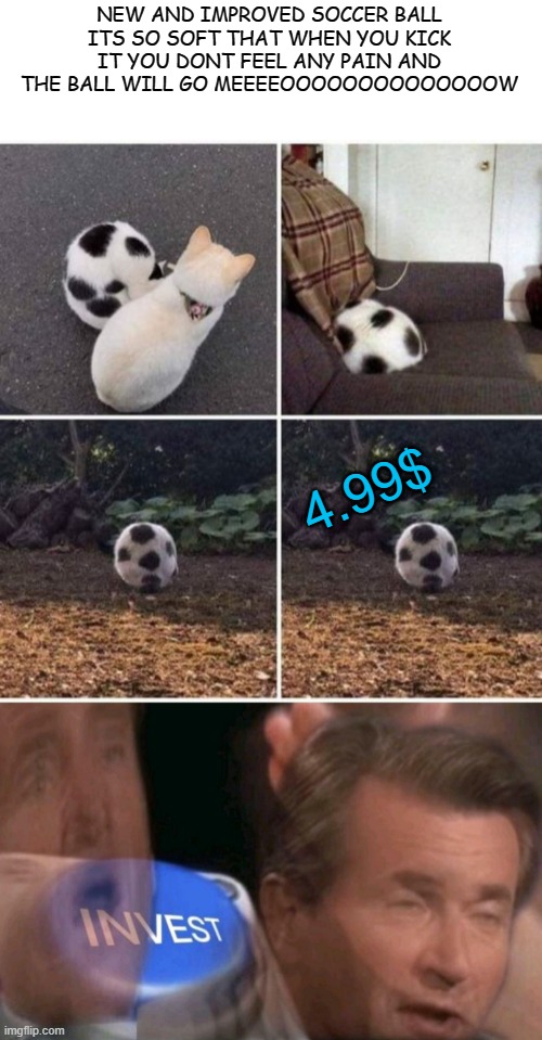 buy nowww! | NEW AND IMPROVED SOCCER BALL
ITS SO SOFT THAT WHEN YOU KICK IT YOU DONT FEEL ANY PAIN AND THE BALL WILL GO MEEEEOOOOOOOOOOOOOOW; 4.99$ | image tagged in invest,memes,funny,msmg,not funny | made w/ Imgflip meme maker