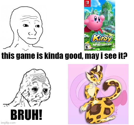 the new Kirby game looks good | this game is kinda good, may i see it? BRUH! | image tagged in blank white template,wojak,kirby,clawroline,furry | made w/ Imgflip meme maker