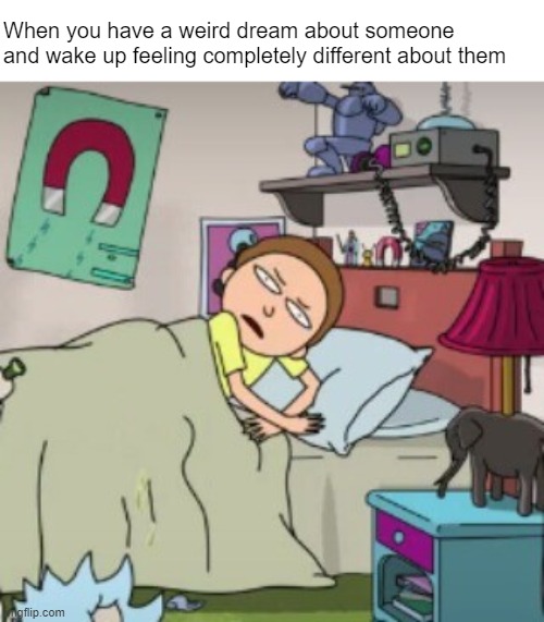 You SAY you wouldn't throw snakes at me, but dreams MEAN stuff | When you have a weird dream about someone and wake up feeling completely different about them | image tagged in morty bedtime realisation | made w/ Imgflip meme maker
